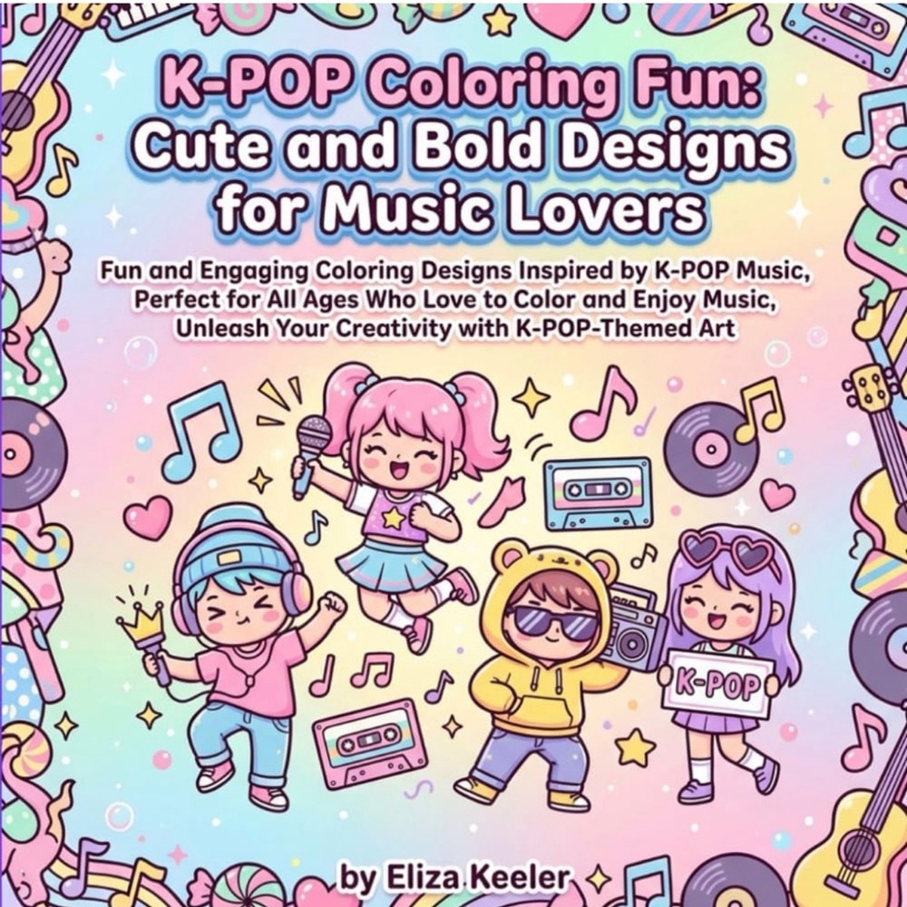 K-POP Coloring Fun Coloring Book - Pastel Pink & Blue Cover features fun scenes